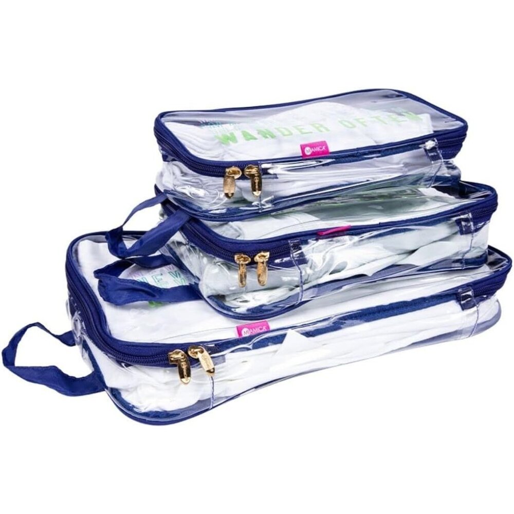 Set of 3 Luggage Packing Cubes, Blue Wander Clear Design by MIAMICA